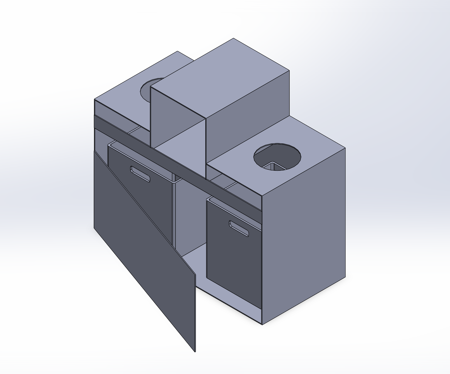 SolidWorks model of the enclosure: two bin compartments with pull-out drawers and a raised intake box in the middle.